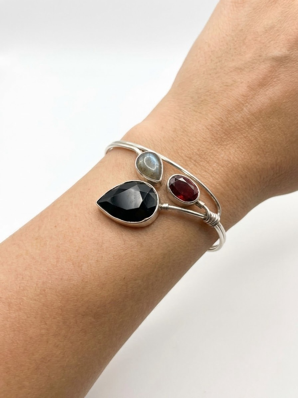 Sterling Silver Multi-Gem Open Cuff Bracelet in Black, Red, and Gray